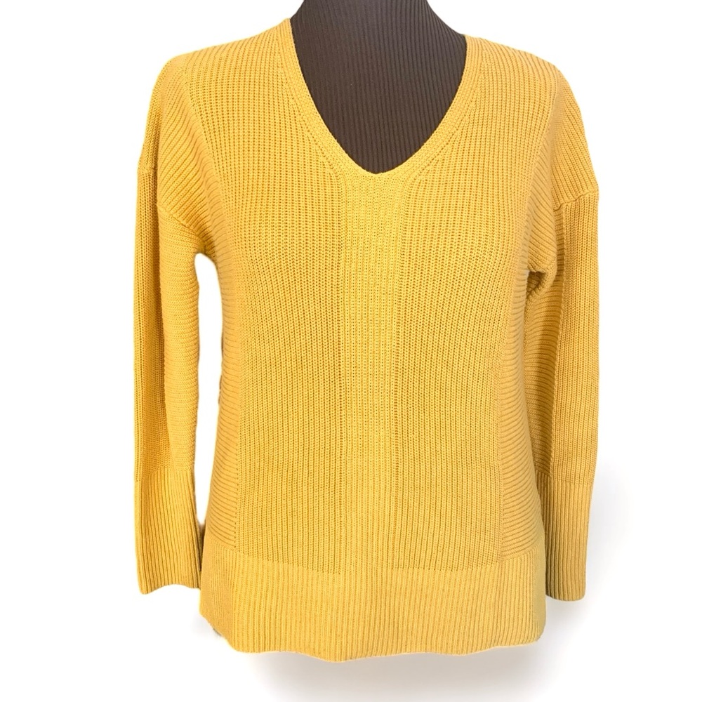 Rachel Zoe Rib Knit Sweater - High Low V-Neck - Mustard Yellow - Sz L